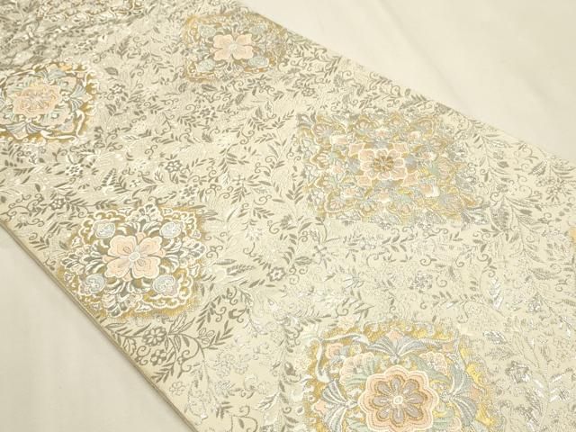 平和屋本店▼西陣 服部織物謹製 六通柄袋帯 花菱 プラチナ 本金箔 正絹 逸品 DABL7895sf