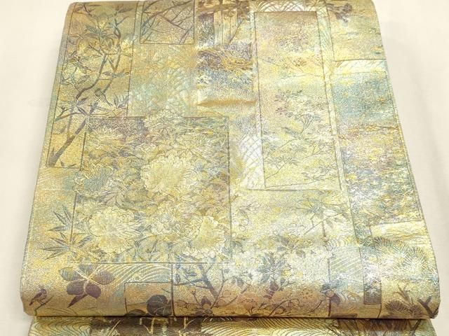 平和屋本店▼西陣あさぎ 両面 全通全景柄袋帯 近代花鳥画 日本美術名鑑 24金プラチナ二重箔 正絹 逸品 DABL7896sf