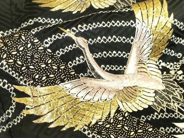 平和屋着物●豪華振袖 絞り 御所車飛鶴花文 黒地 金彩 さが美扱い 正絹 逸品 DABL9015op