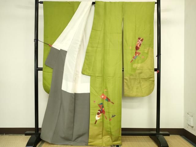 平和屋着物●豪華振袖 羽子板 折り鶴 舞蝶花文 金彩 金通し地 正絹 逸品 DABL9024op