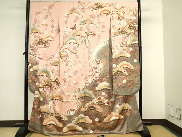 平和屋着物●豪華振袖 駒刺繍 流水花松文 暈し染め 金彩 正絹 逸品 DABL9028op