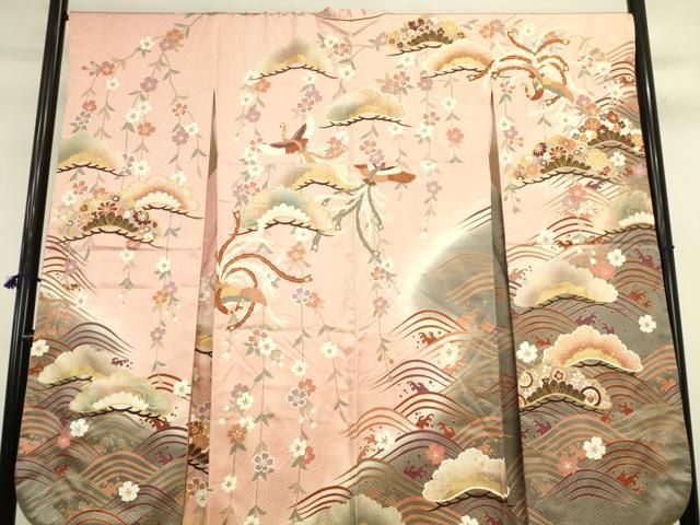 平和屋着物●豪華振袖 駒刺繍 流水花松文 暈し染め 金彩 正絹 逸品 DABL9028op