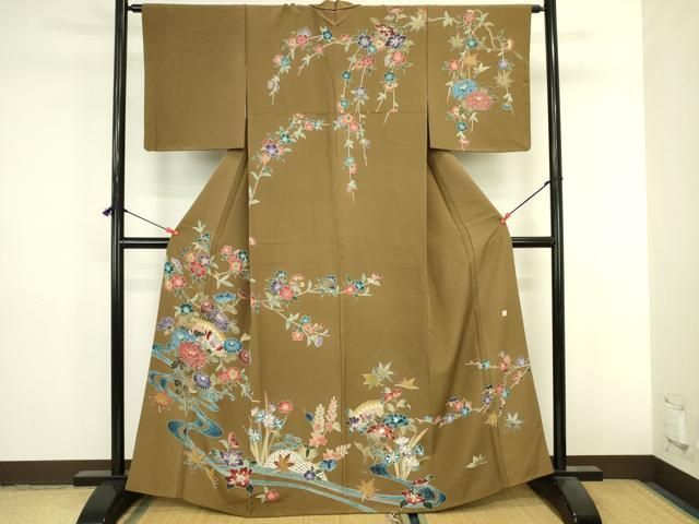 平和屋着物●訪問着 作家物 型染 檜扇流水花蝶文 正絹 逸品 DABL9032op