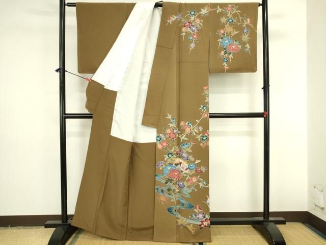 平和屋着物●訪問着 作家物 型染 檜扇流水花蝶文 正絹 逸品 DABL9032op