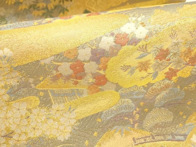 平和屋本店▼全通柄袋帯 風景人物花文 本金弐重箔 正絹 逸品 未使用 DABL9232op