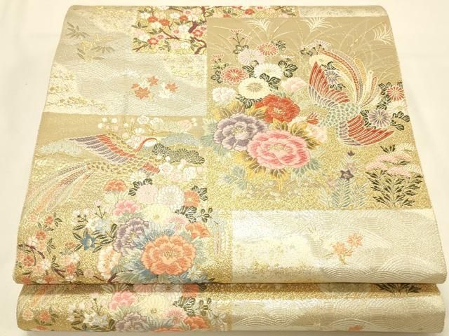 平和屋本店▼西陣 織華佐竹謹製 六通柄袋帯 唐織 九百錦 瑞鳳錦 色紙取瑞鳥花車文 本金箔 証紙付き 正絹 逸品 DABL9235op