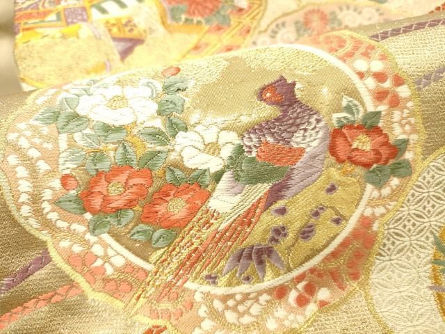平和屋本店▼六通柄袋帯 唐織 鏡裏御所車花鳥文 純金箔 正絹 逸品 DABL9236op