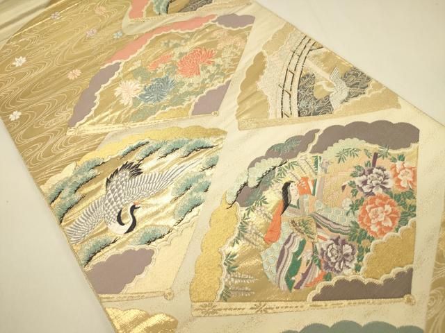 平和屋本店▼六通柄袋帯 唐織 扇面人物花鳥文 九百錦 純金箔 正絹 逸品 DABL9243op
