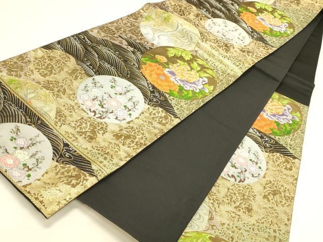 平和屋本店▼六通柄袋帯 唐織 鶴花丸文 九百錦純金箔24K 黒地 正絹 逸品 DABL9253op