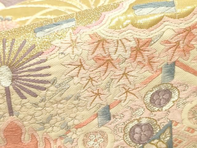平和屋本店▼六通柄袋帯 唐織 しよう美 扇面花文 九百錦24金箔 正絹 逸品 DABL9259op