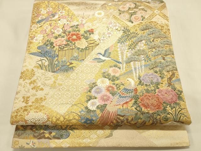 平和屋本店▼六通柄袋帯 唐織 遠山錦鶏文 本金箔 正絹 逸品 DABL9260op