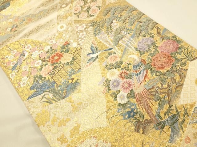 平和屋本店▼六通柄袋帯 唐織 遠山錦鶏文 本金箔 正絹 逸品 DABL9260op