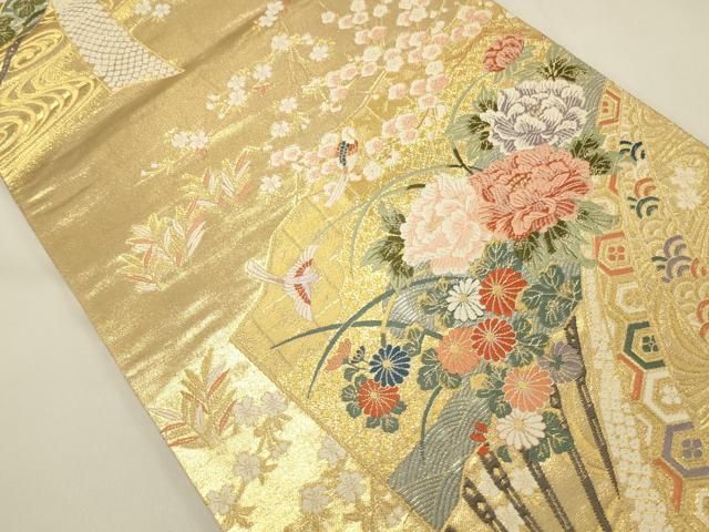 平和屋本店▼六通柄袋帯 唐織 聚春扇水文 本金箔 正絹 逸品 DABL9268op