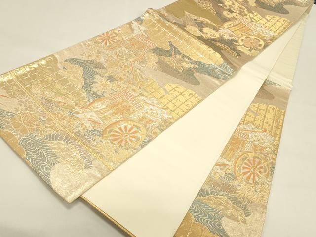 平和屋本店▼六通柄袋帯 唐織 御所車 純金箔二重織 正絹 逸品 DABL9271op