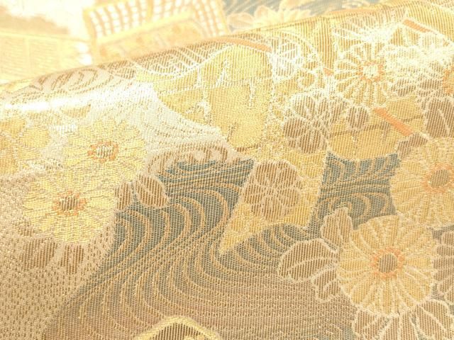 平和屋本店▼六通柄袋帯 唐織 御所車 純金箔二重織 正絹 逸品 DABL9271op
