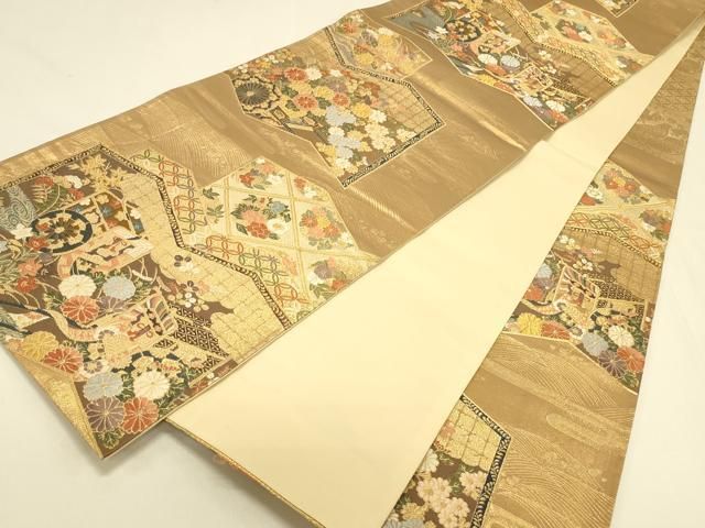 平和屋本店▼六通柄袋帯 唐織 御所車屏風花文 全通箔織 本金箔 正絹 逸品 DABL9277op