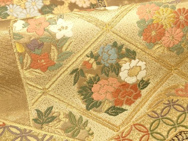 平和屋本店▼六通柄袋帯 唐織 御所車屏風花文 全通箔織 本金箔 正絹 逸品 DABL9277op
