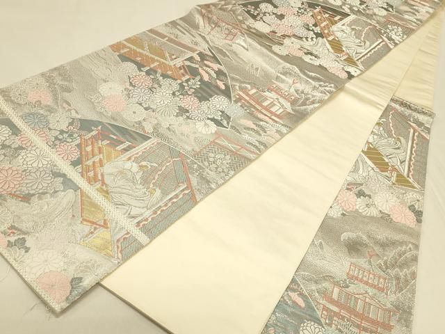 平和屋本店▼六通柄袋帯 平安人物風景花文 本金二丁箔 正絹 逸品 DABL9278op