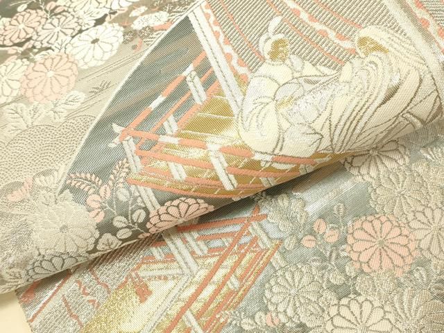 平和屋本店▼六通柄袋帯 平安人物風景花文 本金二丁箔 正絹 逸品 DABL9278op
