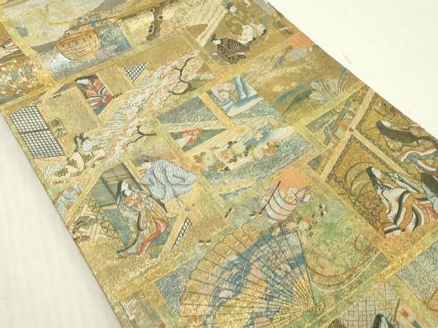 平和屋本店▼極上 西陣あさぎ 丸帯 徳川美術館秘蔵 紫式部 源氏物語名鑑 プラチナ本金二重箔 分析通知書付き 正絹 逸品 未使用 DABL9345op
