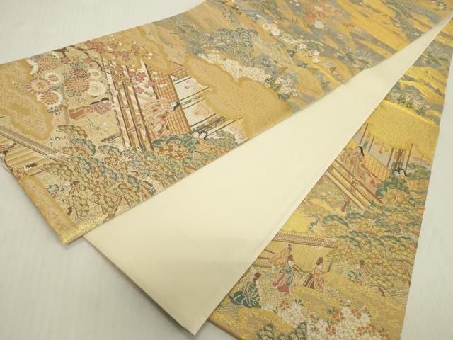 平和屋本店▼全通柄袋帯 風景人物文 本金弐重箔 正絹 逸品 DABL9361op
