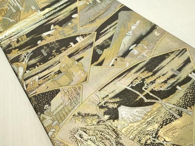 平和屋本店▼極上 西陣あさぎ 全通全景柄袋帯 廣重 東海道五十三次 本金箔 プラチナ箔 さが美扱い 正絹 逸品 未使用 DABL9375op