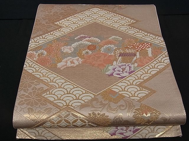 平和屋着物■六通柄袋帯 唐織 松皮菱御所車吉祥花文 プラチナ箔二重織 逸品 dy5567