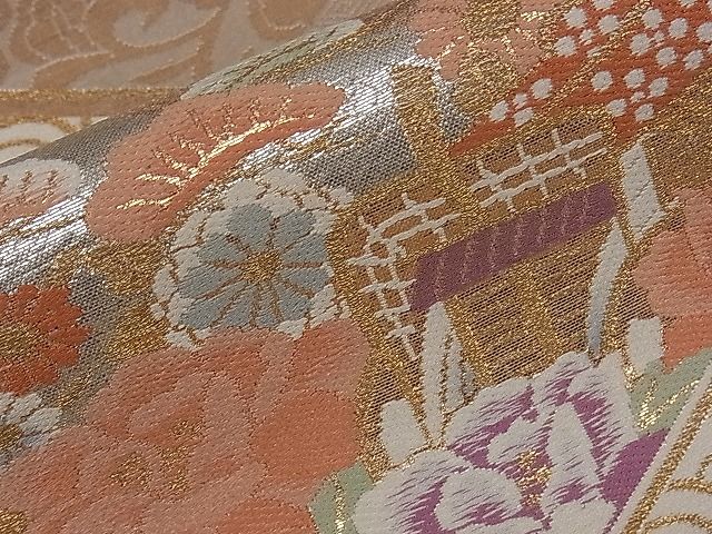 平和屋着物■六通柄袋帯 唐織 松皮菱御所車吉祥花文 プラチナ箔二重織 逸品 dy5567