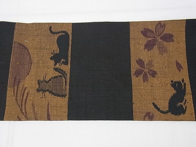 平和屋本店■極上 全通柄九寸名古屋帯 猫 春夏秋冬 桜 蜻蛉 芒 炬燵 黒地 逸品 未使用 DZAA0320kh4 - 平和屋