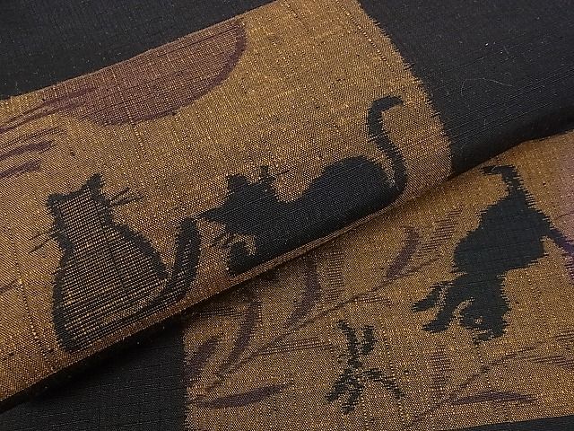 平和屋本店■極上 全通柄九寸名古屋帯 猫 春夏秋冬 桜 蜻蛉 芒 炬燵 黒地 逸品 未使用 DZAA0320kh4 - 平和屋