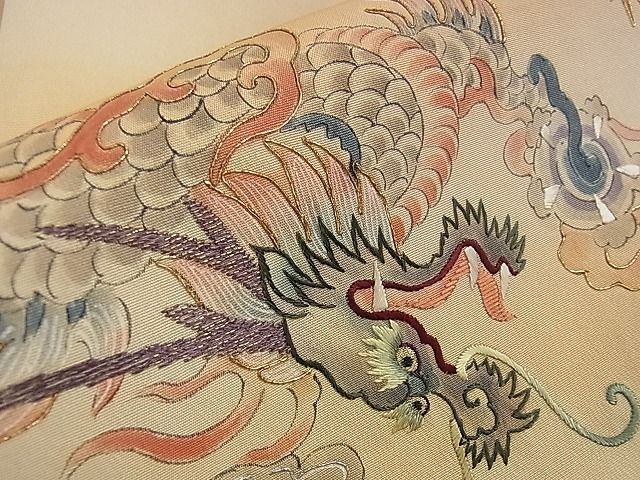 平和屋本店■極上 アンティーク 大正ロマン 丸帯 手刺繍 龍 飛雲 逸品 DZAA0432kh4 - 平和屋