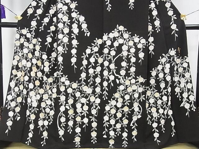 平和屋本店■極上 京友禅の第一人者 松井青々 訪問着 駒刺繍 枝垂れ花 黒地 金彩 逸品 DZAA0482kh4 - 平和屋