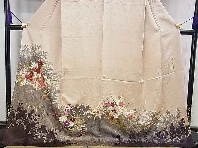 平和屋本店■極上 皇室献上作家 藤井寛 訪問着 駒刺繍 草花文 肌色地 金彩 京都きもの友禅扱い 逸品 DZAA0526kh4 - 平和屋