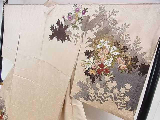 平和屋本店■極上 皇室献上作家 藤井寛 訪問着 駒刺繍 草花文 肌色地 金彩 京都きもの友禅扱い 逸品 DZAA0526kh4 - 平和屋