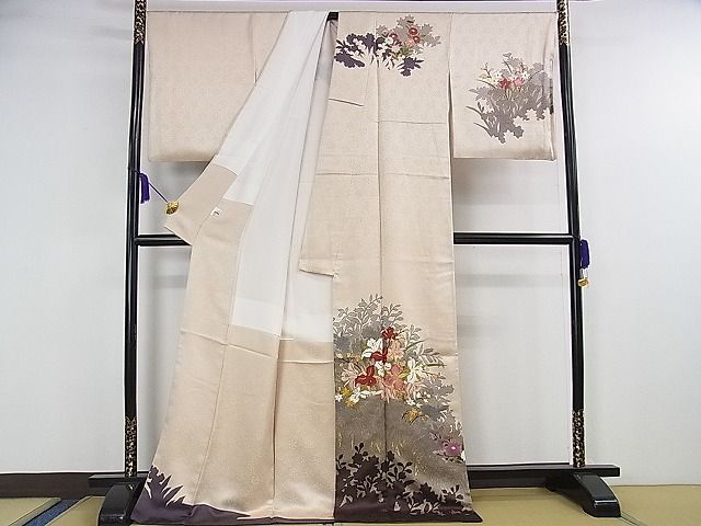 平和屋本店■極上 皇室献上作家 藤井寛 訪問着 駒刺繍 草花文 肌色地 金彩 京都きもの友禅扱い 逸品 DZAA0526kh4 - 平和屋