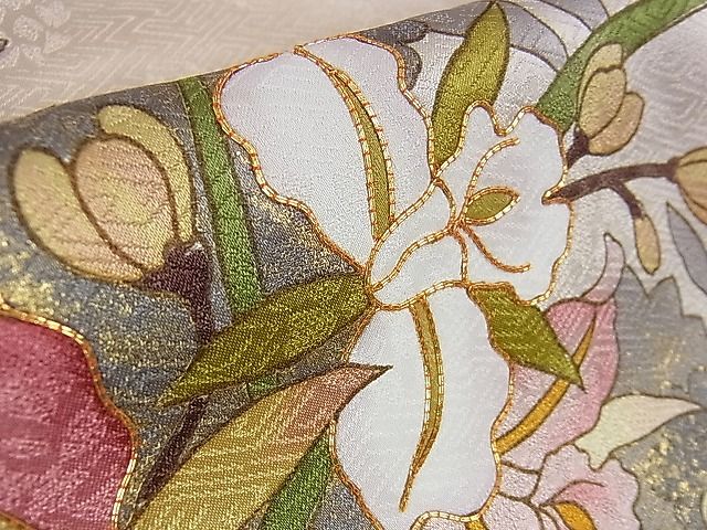 平和屋本店■極上 皇室献上作家 藤井寛 訪問着 駒刺繍 草花文 肌色地 金彩 京都きもの友禅扱い 逸品 DZAA0526kh4 - 平和屋