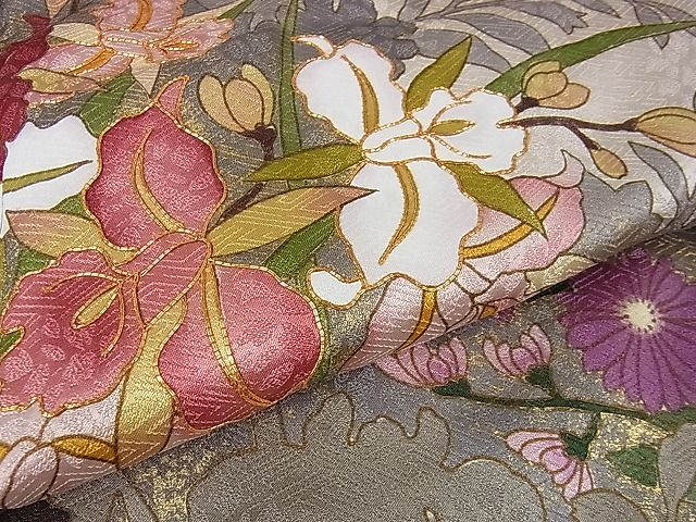 平和屋本店■極上 皇室献上作家 藤井寛 訪問着 駒刺繍 草花文 肌色地 金彩 京都きもの友禅扱い 逸品 DZAA0526kh4 - 平和屋