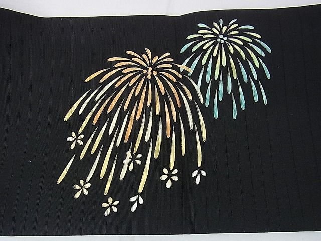 平和屋本店■極上 夏物 絽塩瀬 九寸名古屋帯 友禅 花火 屋形船 黒地 逸品 未使用 DZAA0699kh4 - 平和屋