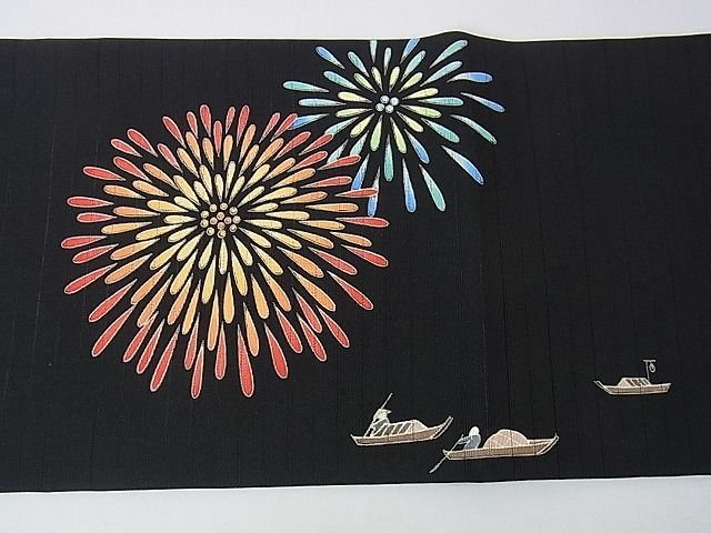 平和屋本店■極上 夏物 絽塩瀬 九寸名古屋帯 友禅 花火 屋形船 黒地 逸品 未使用 DZAA0699kh4 - 平和屋