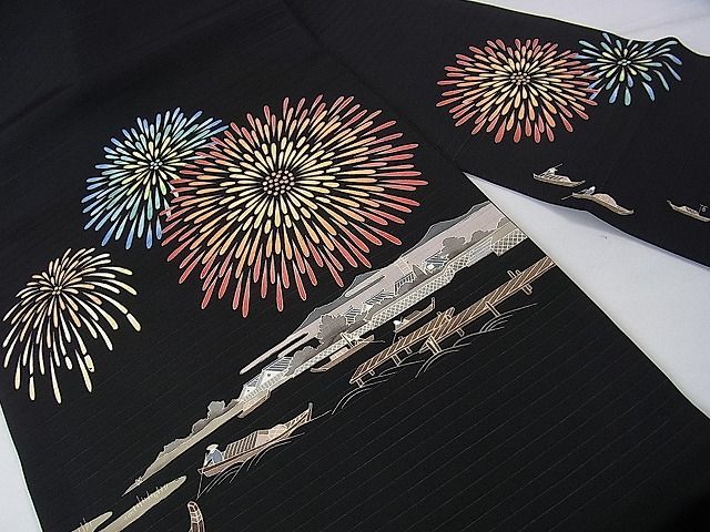 平和屋本店■極上 夏物 絽塩瀬 九寸名古屋帯 友禅 花火 屋形船 黒地 逸品 未使用 DZAA0699kh4 - 平和屋