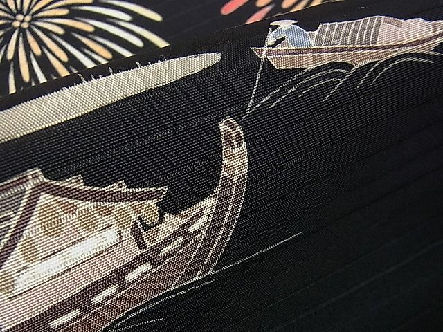平和屋本店■極上 夏物 絽塩瀬 九寸名古屋帯 友禅 花火 屋形船 黒地 逸品 未使用 DZAA0699kh4 - 平和屋