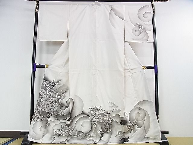 平和屋本店■極上 本場縞大島紬 白大島 訪問着 手刺繍 龍 逸品 未使用 DZAA0715kh4 - 平和屋
