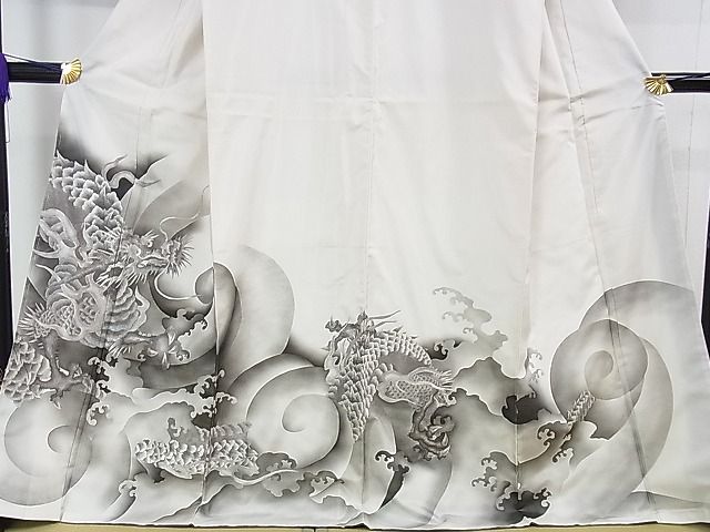 平和屋本店■極上 本場縞大島紬 白大島 訪問着 手刺繍 龍 逸品 未使用 DZAA0715kh4 - 平和屋