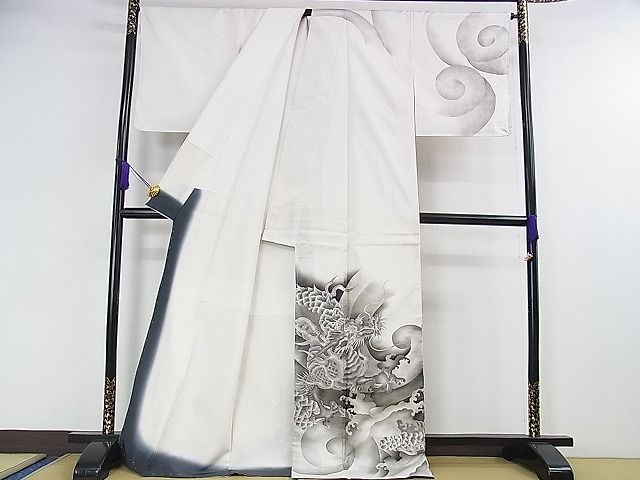 平和屋本店■極上 本場縞大島紬 白大島 訪問着 手刺繍 龍 逸品 未使用 DZAA0715kh4 - 平和屋