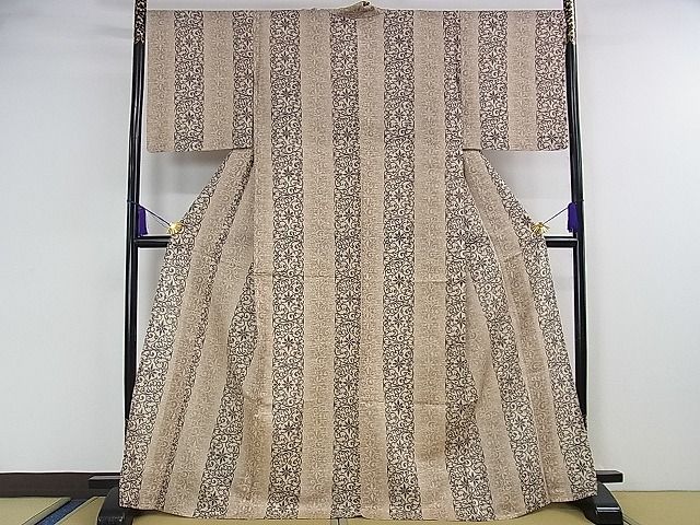平和屋本店■極上 小紋 単衣 よろけ縞紋紗 花唐草文 やまと金ラベル 反端付き 逸品 未使用 DZAA0813kh4 - 平和屋