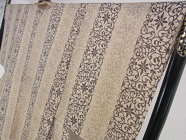 平和屋本店■極上 小紋 単衣 よろけ縞紋紗 花唐草文 やまと金ラベル 反端付き 逸品 未使用 DZAA0813kh4 - 平和屋