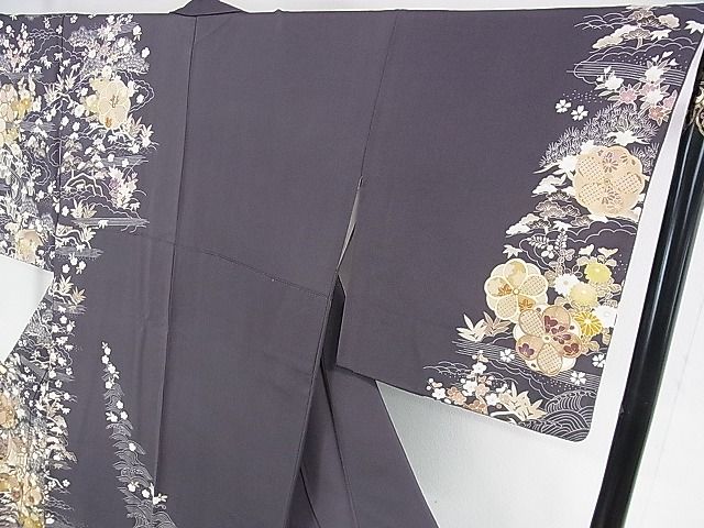 平和屋本店■極上 訪問着 駒刺繍 御所車立波花文 金彩 羊羹色地 鈴乃屋扱い 反端付き 逸品 DZAA0981kh4 - 平和屋