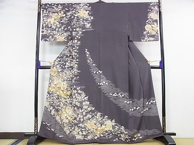 平和屋本店■極上 訪問着 駒刺繍 御所車立波花文 金彩 羊羹色地 鈴乃屋扱い 反端付き 逸品 DZAA0981kh4 - 平和屋