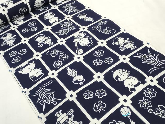 平和屋本店■希少 夏物 浴衣 反物 着尺 サザエさん 綿 紺地 逸品 未使用 DZAA10340kh5