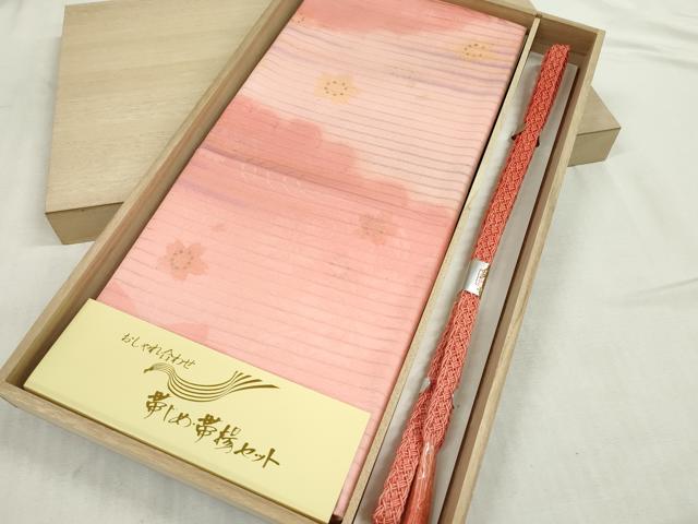 平和屋本店*夏物 和装小物 帯締め・帯揚げセット 絽 流水花地紋 金彩 逸品 未使用 DZAA10366kh5